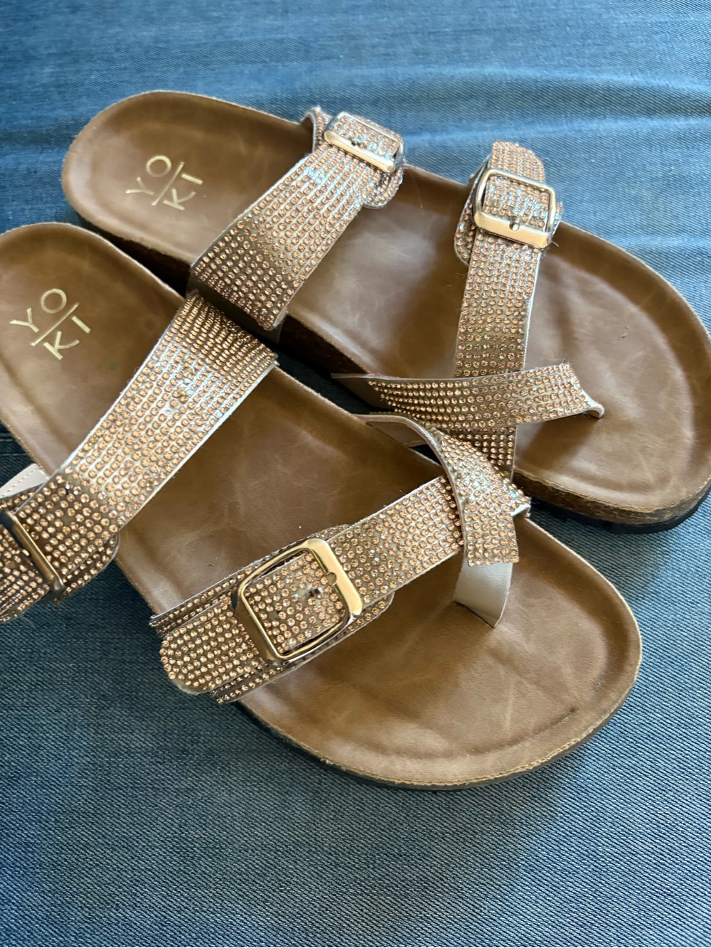 Yoki Rhinestone Buckle Slide Sandals - Rose Gold